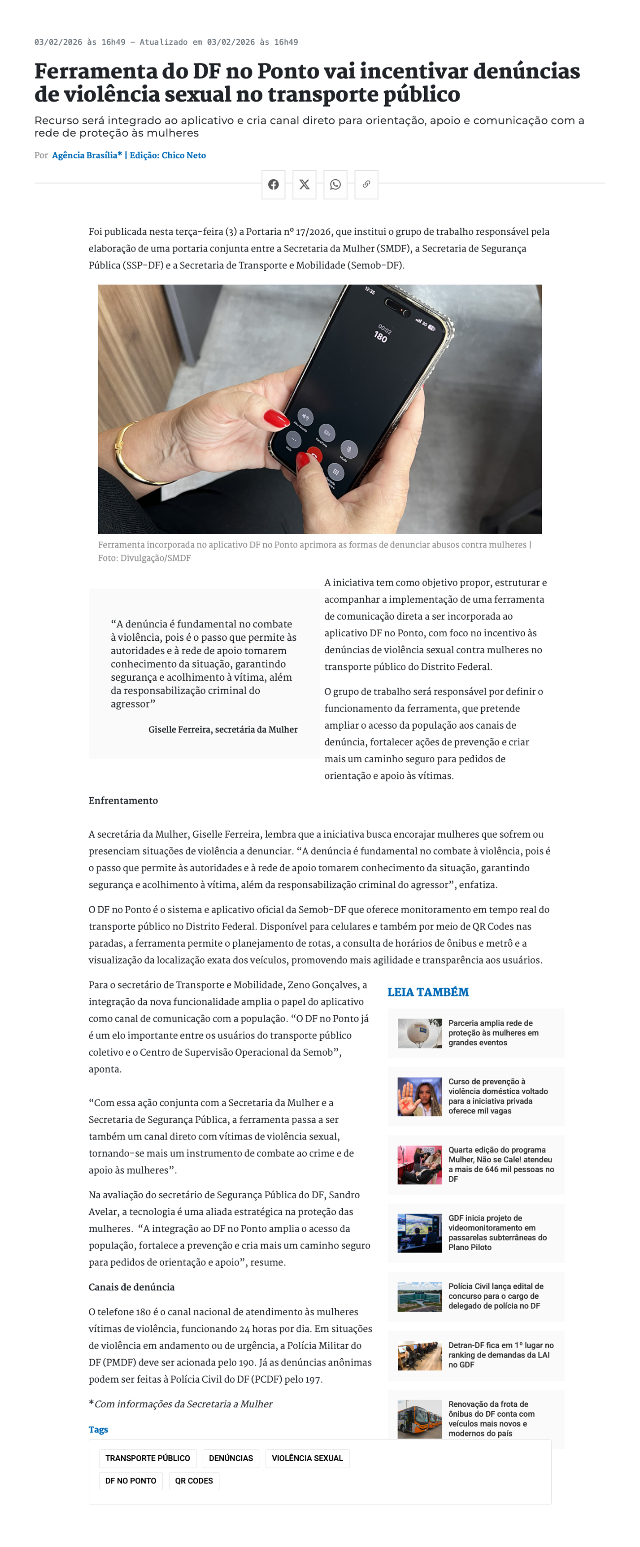 Ferramenta do DF no Ponto vai incentivar denúncias de violência sexual no transporte público