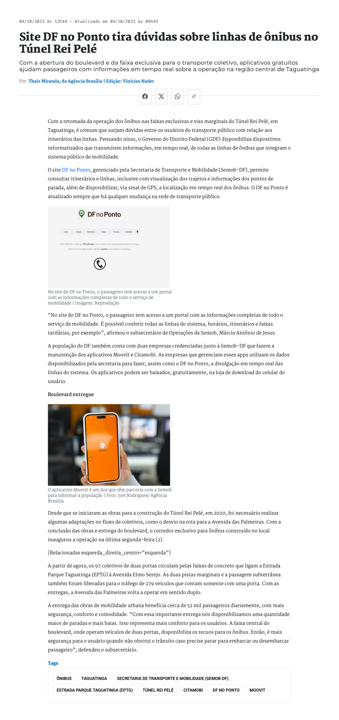 Site DF no Ponto tira dúvidas sobre linhas de ônibus no Túnel Rei Pelé